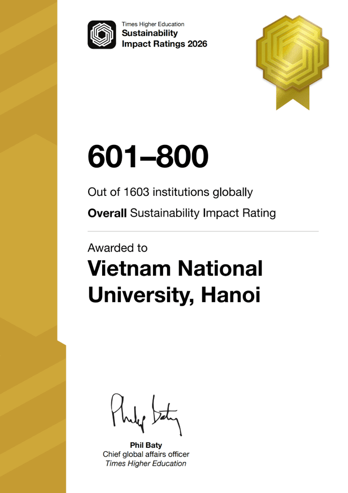 Chứng nhận xếp hạng tổng thể của ĐHQGHN trong THE Impact Ratings 2026